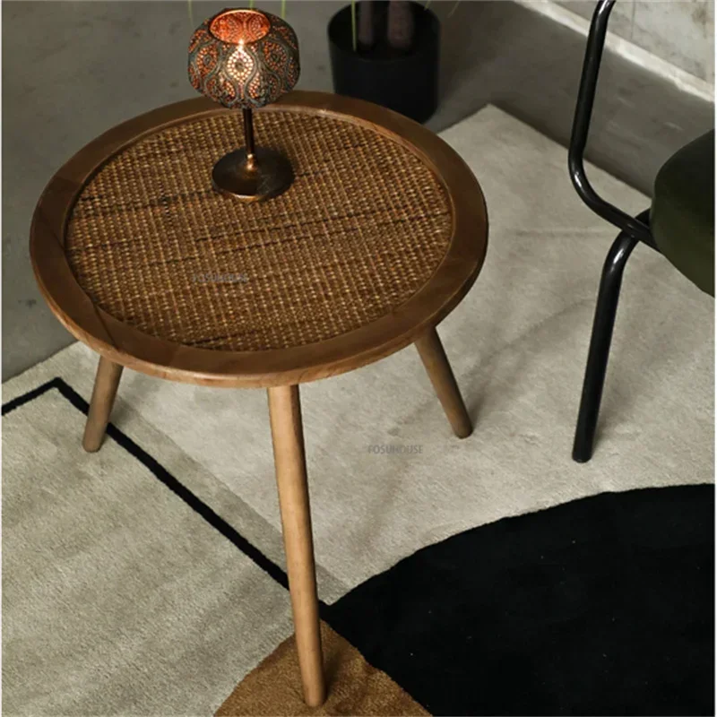 American Retro wooden Coffee Table for Living Room Furniture Simple Rattan Surface Sofa Side Table Round Balcony coffee corner