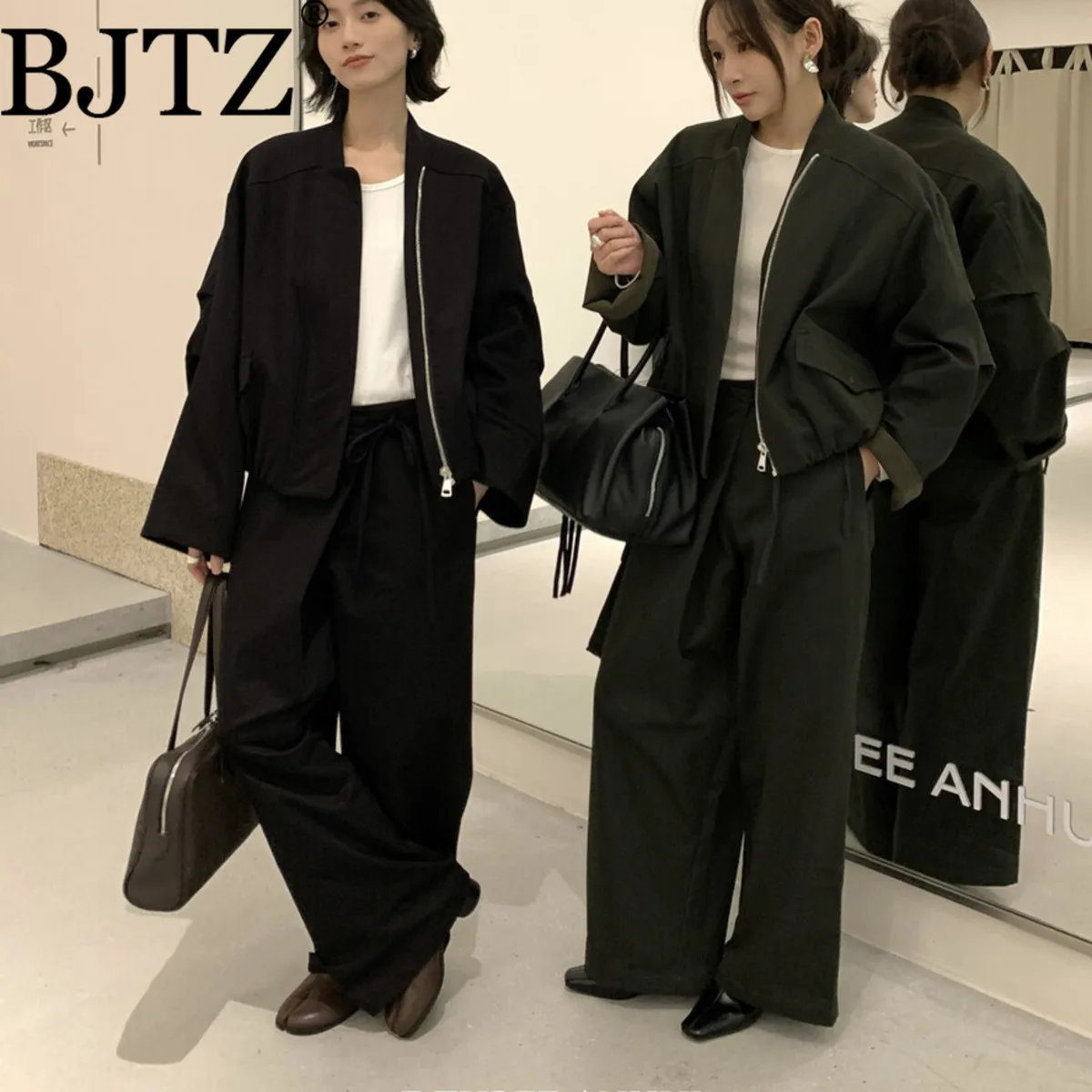 

BJTZ Women's Autumn Jacket Denim Overalls Set Premium Comfort Elegant Minimalist Casual Streetwear Two-Piece Outfit Loungewear