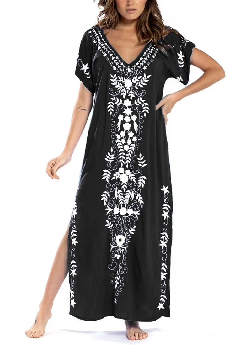 Dresses for Women Summer Short Sleeve V-Neck Casual Beach Sundress Ethnic Floral Print Long Boho Midi Dress Costume Dresses