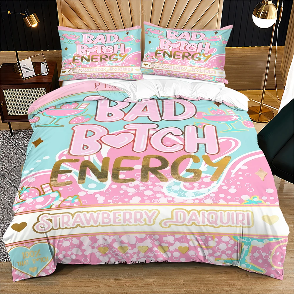 Pink Mint Bad Btch Energy Duvet Cover Set Strawberry Cocktail Print Bedding Set Cute Sweet Fashion Aesthetic Duvet Cover Set