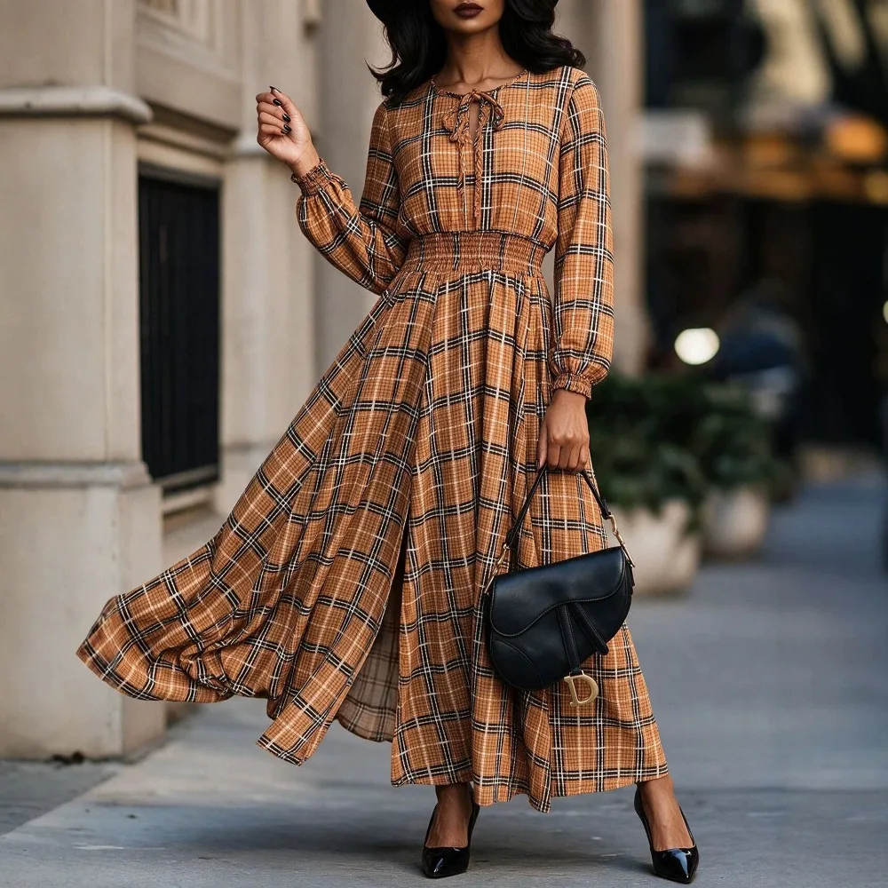 New Women's Plaid Dress Retro A-line Rustic Style Elegant Long Sleeved Waist Cinched Slit Long Skirt Khaki Lantern Sleeves