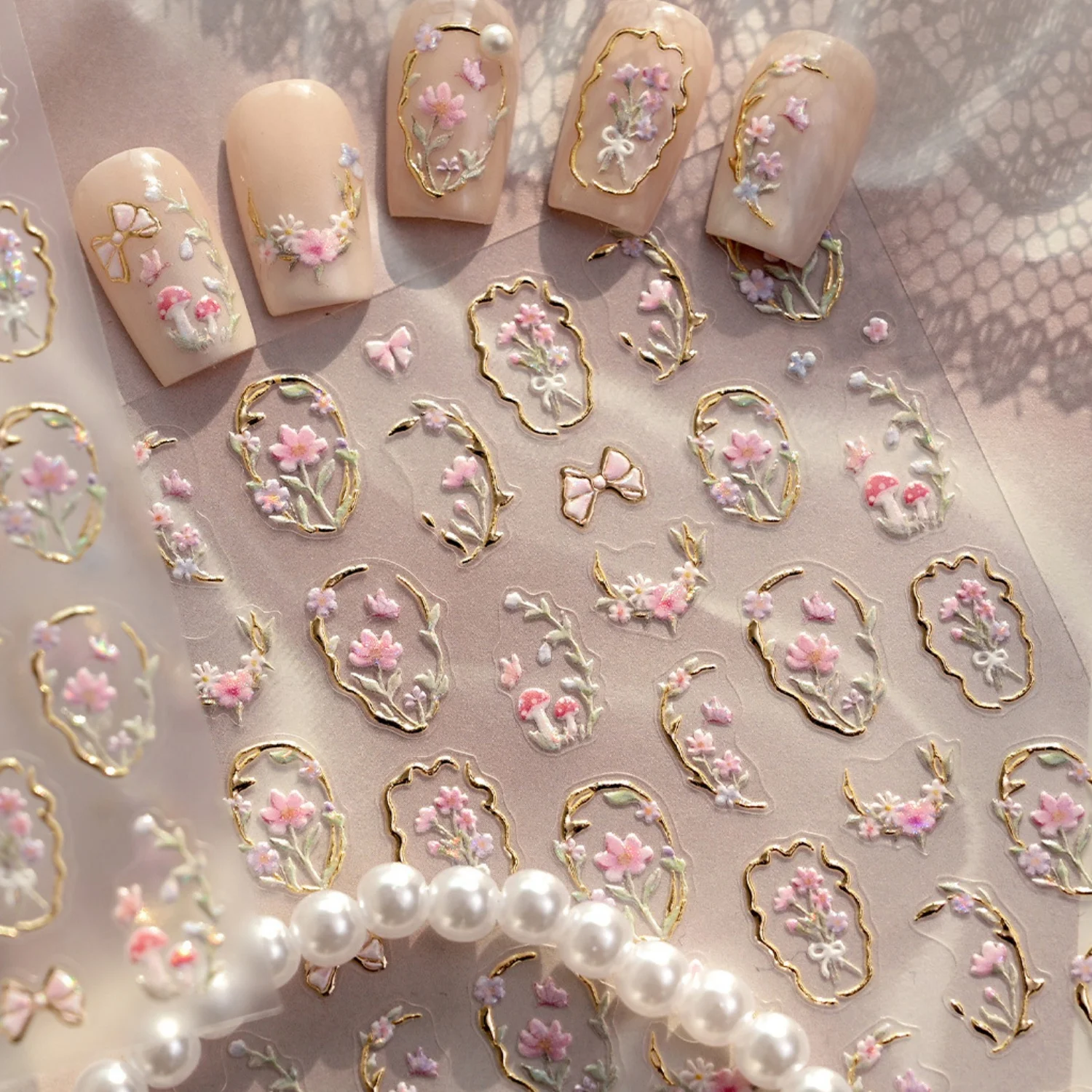 Französische Vintage-Palast 5D Nagelaufkleber Retro-Fenster Goldgeprägte Bordüre Rosa Blumenblätter Selbstklebende Nagelkunst-Sticker DIY