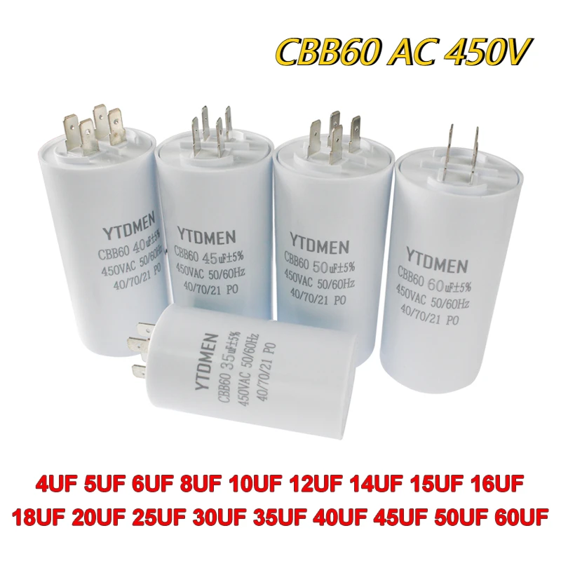 CBB60 450VAC 4-60 فائق التوهج مكثف 4Pin مزدوج إدراج الكهربائية استبدال بدء تشغيل مكثف لمحرك مضخة مكيف الهواء 50/60 هرتز