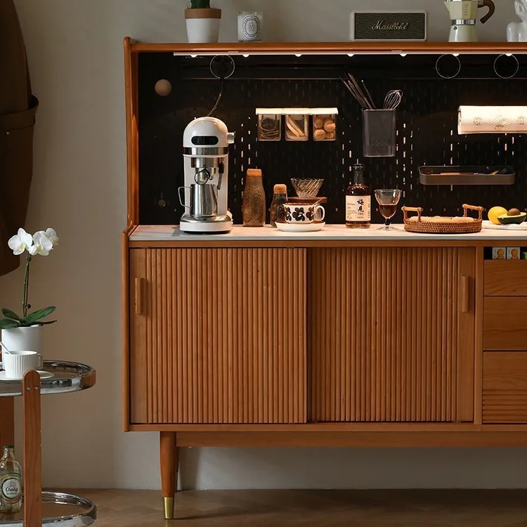 Customizable Nordic simple cherry wood restaurant storage slate tea cabinet integrated against the wall