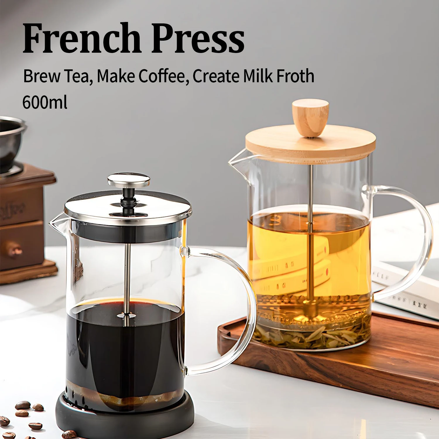 Cafetera Francesa OANKR de 600 ml, Acero Inoxidable, Vidrio de Borosilicato de Alta Resistencia al Calor, Cafetera, Olla para Café, Uso Doméstico