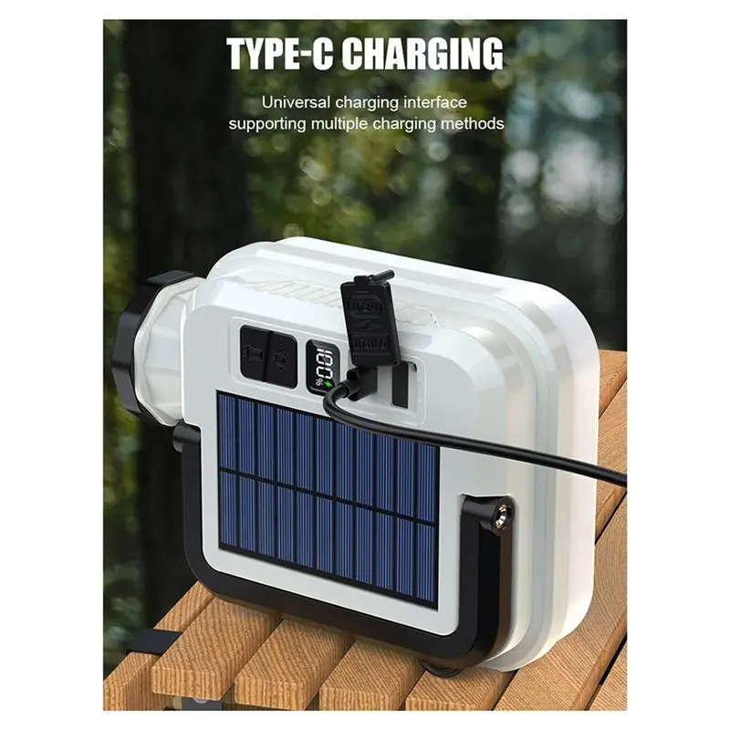 ABGH-Emergency LED Hanging Lamp Solar Powered Camping Light Rechargeable Outdoor Tent Work Light With Digital Power Display Port