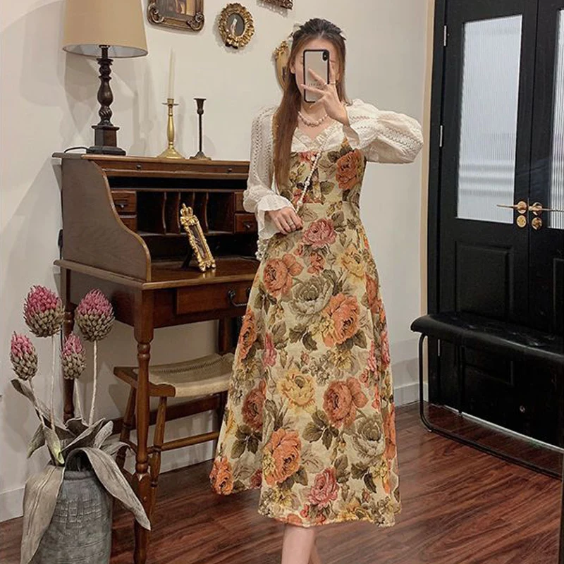 Vintage Spring Autumn Oil painting Embroidery Long Woman French Floral Dress Lace Party Female Print Retro Elegant Fairy