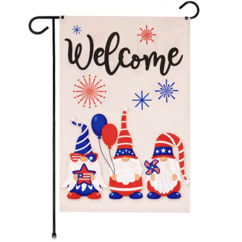 G128 Garden Flag Welcome Three Gnomes Celebrating 4th of July 12