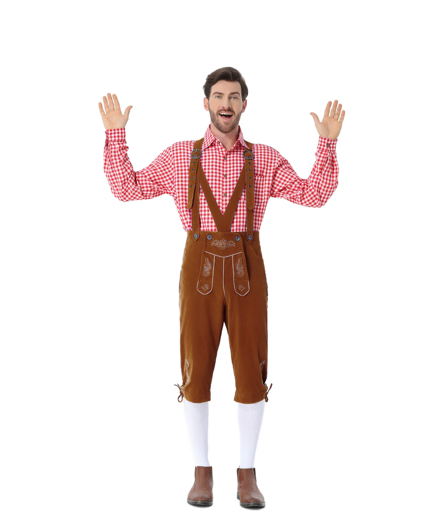Vintage Bayerisches Lederhosen-Outfit für die Familie, Weißes Karohemd, Bestickte Hosenträgerhose, Oktoberfest-Party-Cosplay-Kostüm – Detail 13