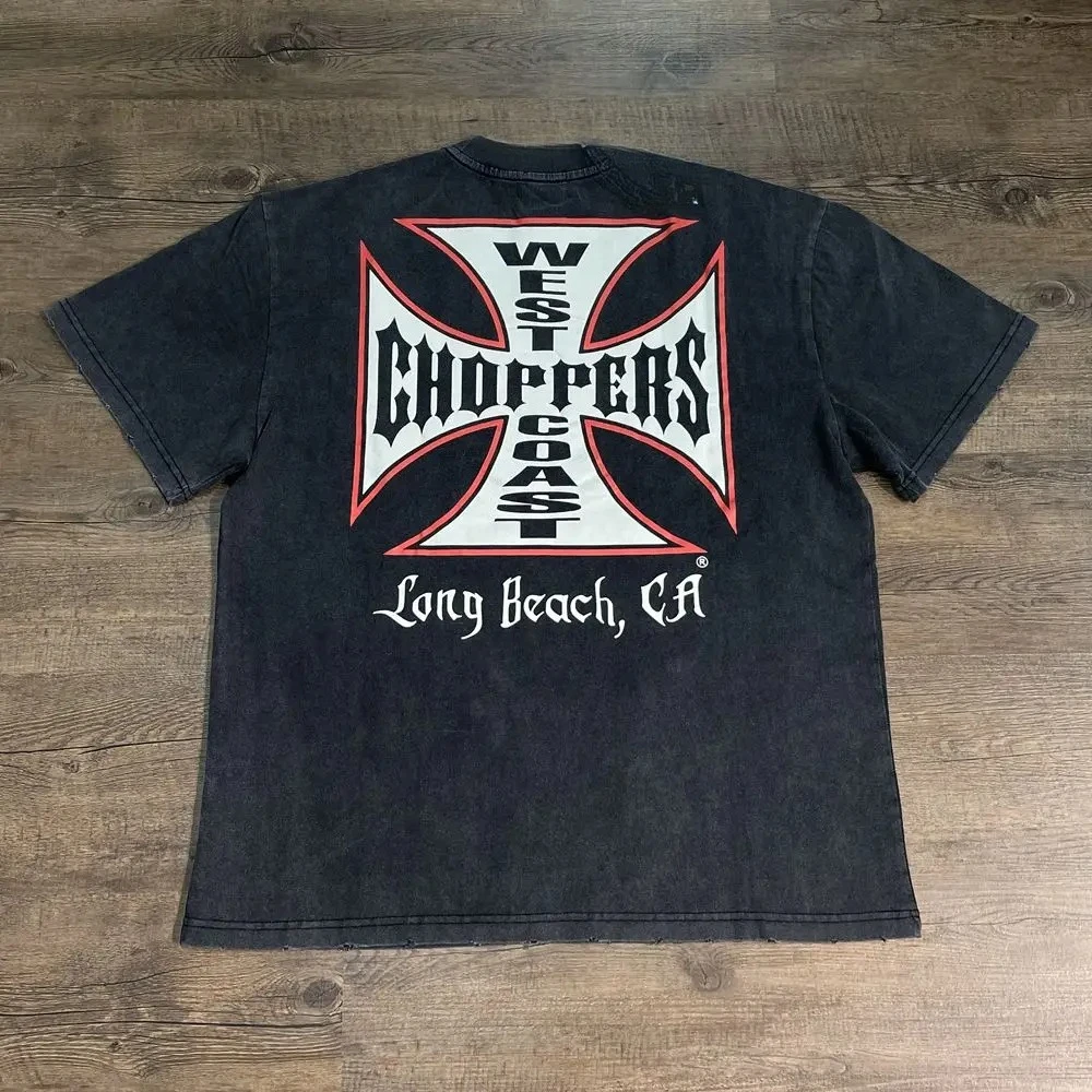 Image of Sommer Vintage West Coast Choppers Bedrucktes Wasch-T-Shirt für Damen aus Baumwolle, Atmungsaktiv, Retro Biker-Stil, Locker Geschnitten, Lässige Streetwear