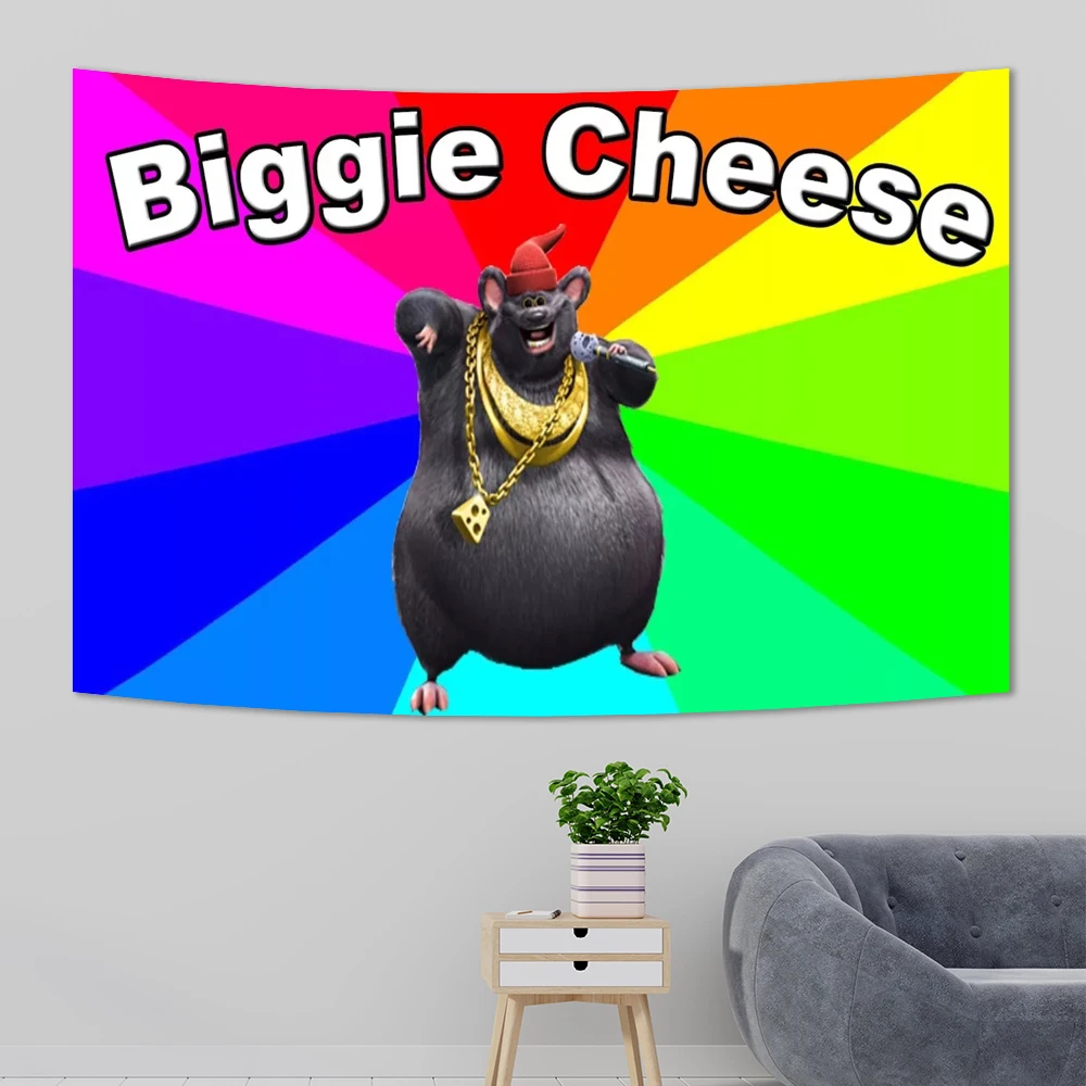 Biggie Cheese Meme Tapestry Kawaii Anime Rat Tapestry Wall Hanging Aesthetic Room Decor Banner Home Decoration Macrame Natal