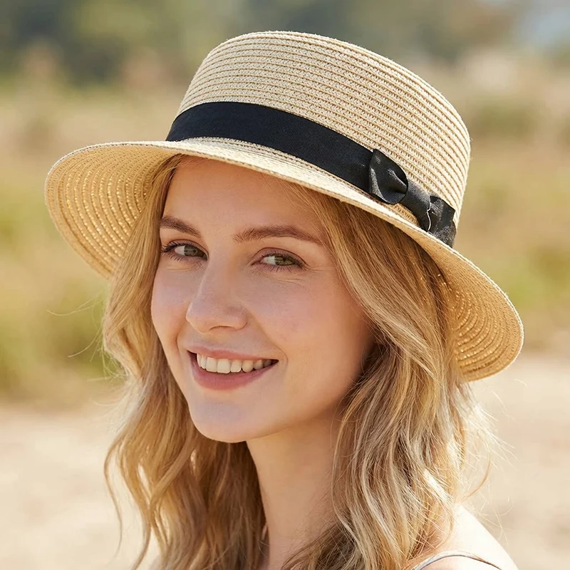 Paper Straw Boater Hat for Women British Style Flat Brim Bow Knot Summer Sun Beach Cap Wide Brim Sun Hat for Vacation
