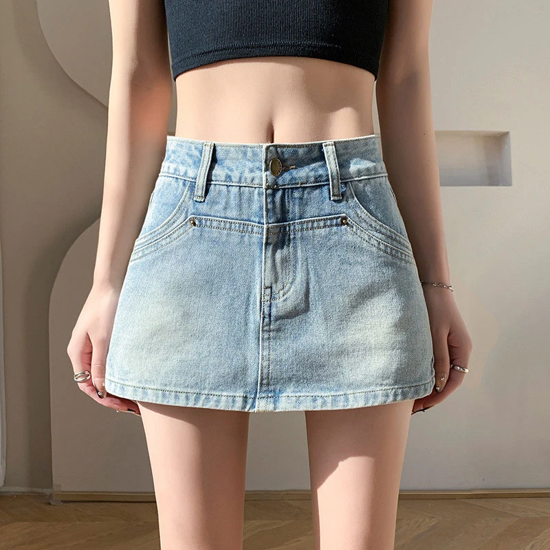 Light blue trend denim skirt female design sense high waist new anti-glare a word short skirt pants half-body package hip skirt