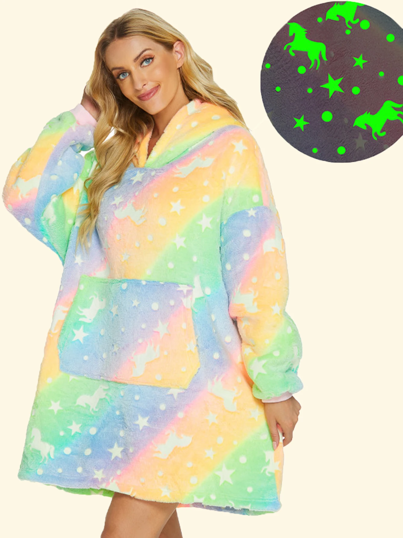 Glow-in-the-dark Star Plus Fleece Thick Flannel Hooded Casual Tie-dye Printed Glow-in Blanket Couple Loungewear With Pocket Hood