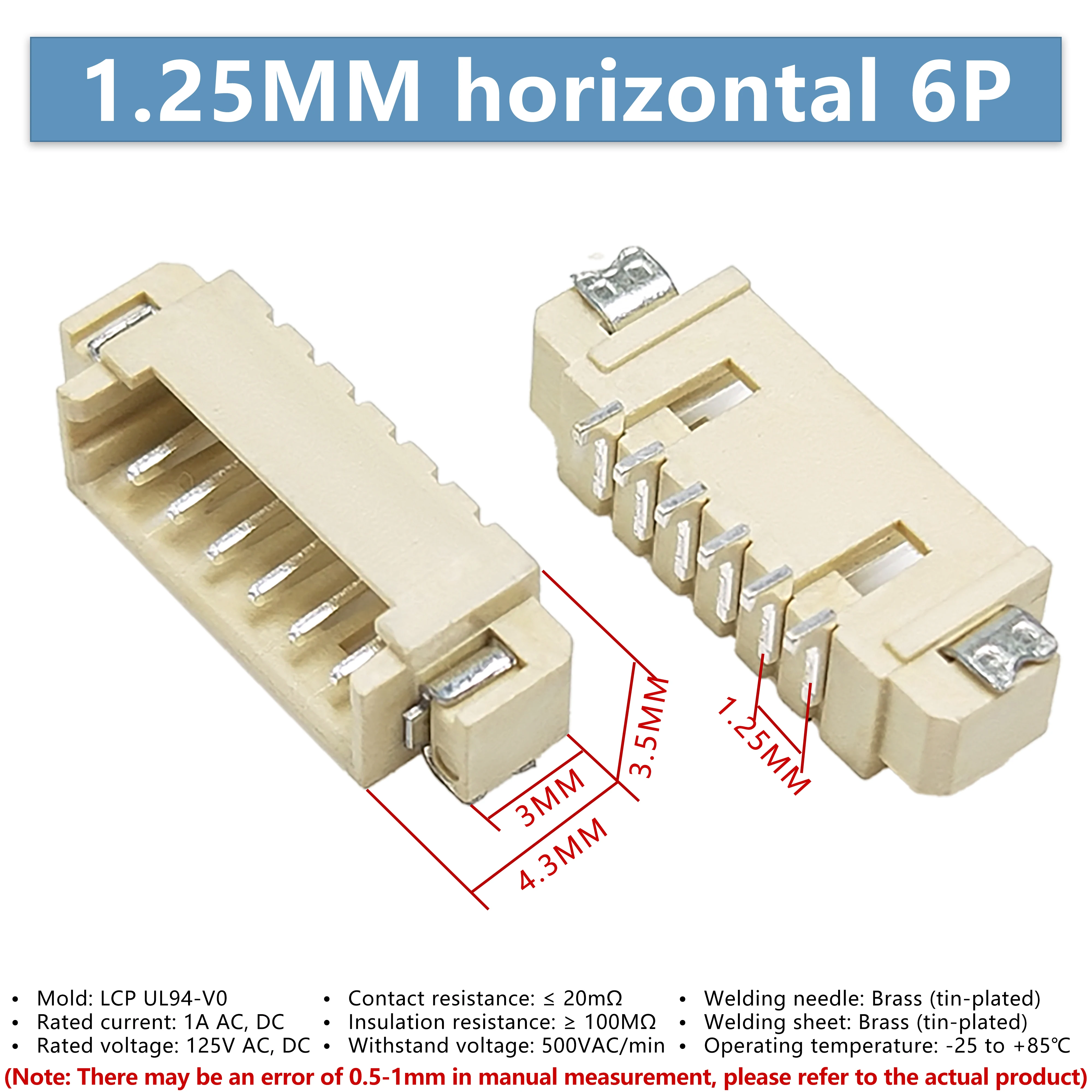 10PCS ZH1.25mm Pitch Horizontal 6P SMD Connector, Wire to Board Terminal Plug Female Socket, High Temperature Resistant