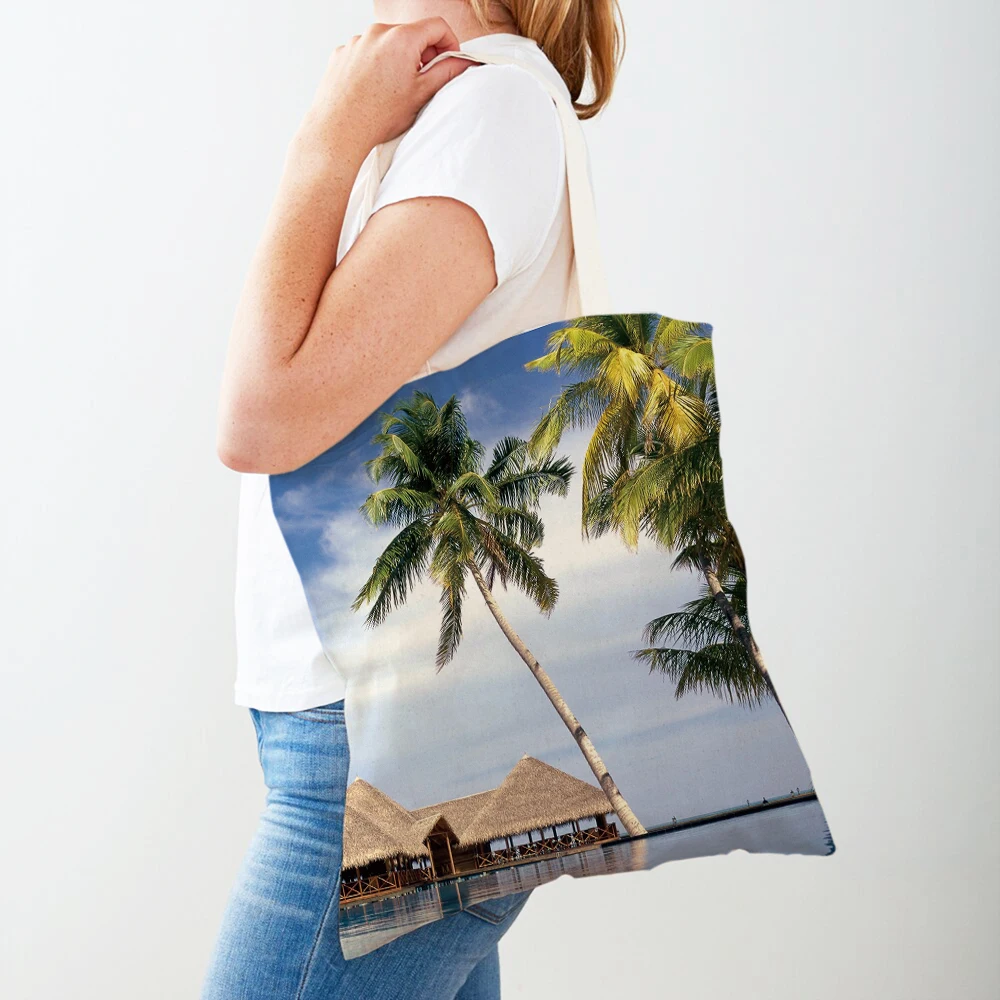 

Country Coconut Tree Beautiful Scenery Women Casual Shopping Bag Cartoon Beach Reusable Foldable Canvas Lady Tote Handbags