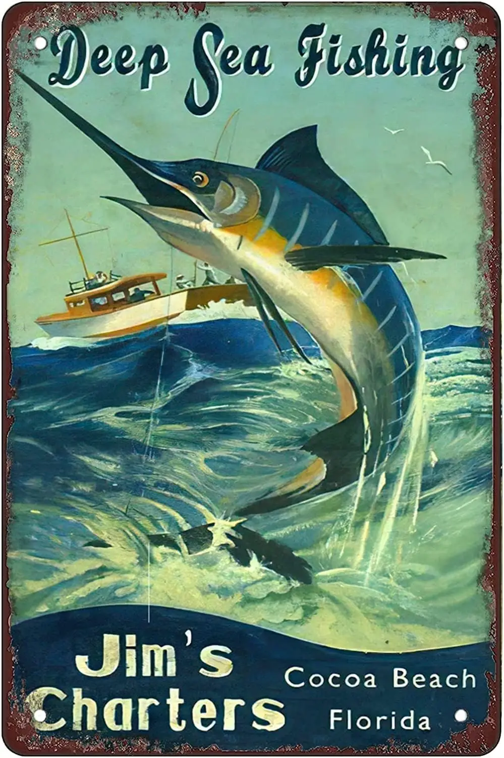 Metal Sign Deep Sea Fishing,Big marlin Tin Signs Wall Decor Fun Decoration for Home Kitchen Bar Vintage Retro Plaque Poster sign