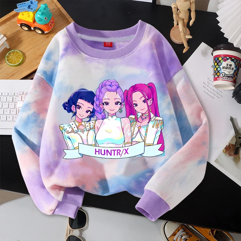 Move K-Pop Demon Hunters Tie Dye Pola Kaus Musim Panas Lengan Panjang Pullover Lucu Kartun Leher Bulat Hadiah Atasan Ulang Tahun Anak-anak