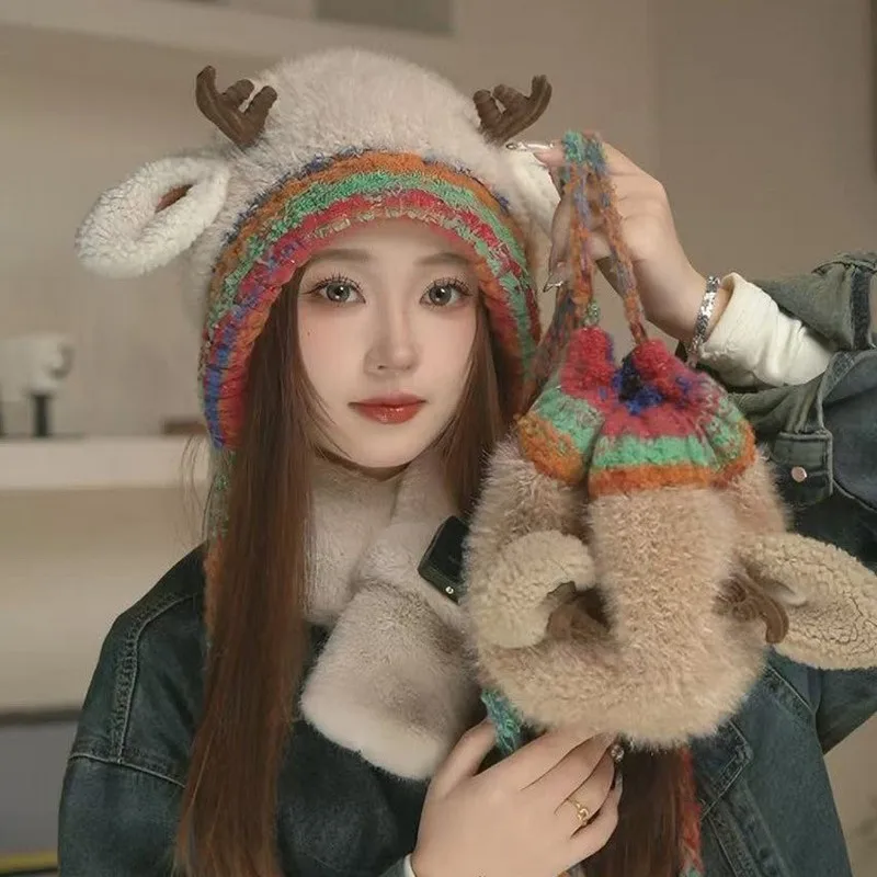 

Women's Winter Cute Deer Ear Hat - Daily Wear Warm Cashmere Blend Hat (56-58cm) with Colorful Decor, Can Convert to Bag