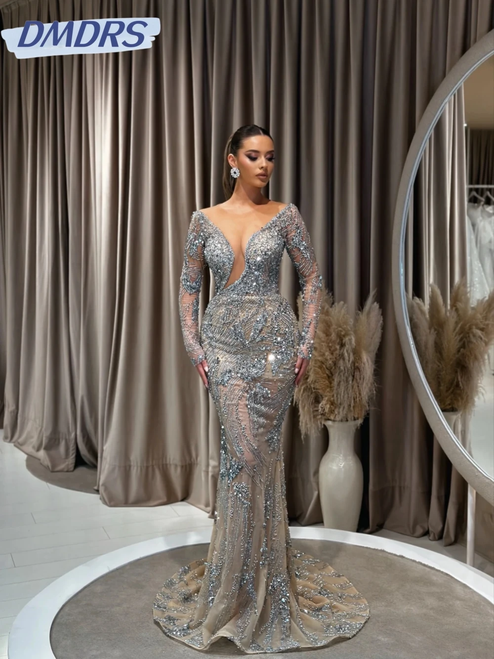 

Stunning Luxurious Beaded Mermaid Evening Dress Sequined Illusion Long Sleeve Wedding Party Gown Customized Elegant Prom Dresses