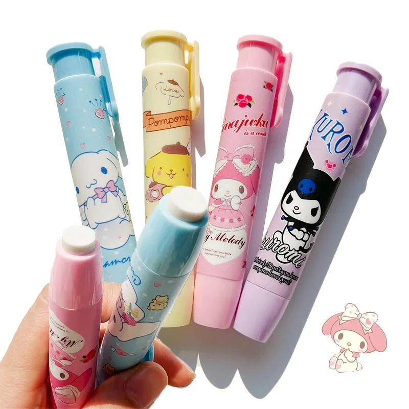 Kawaii Sanrioed Press Pencil Eraser Cartoon Kuromi Cinnamoroll Pressing Pen Type Eraser School Student Office Eraser Kids Gift