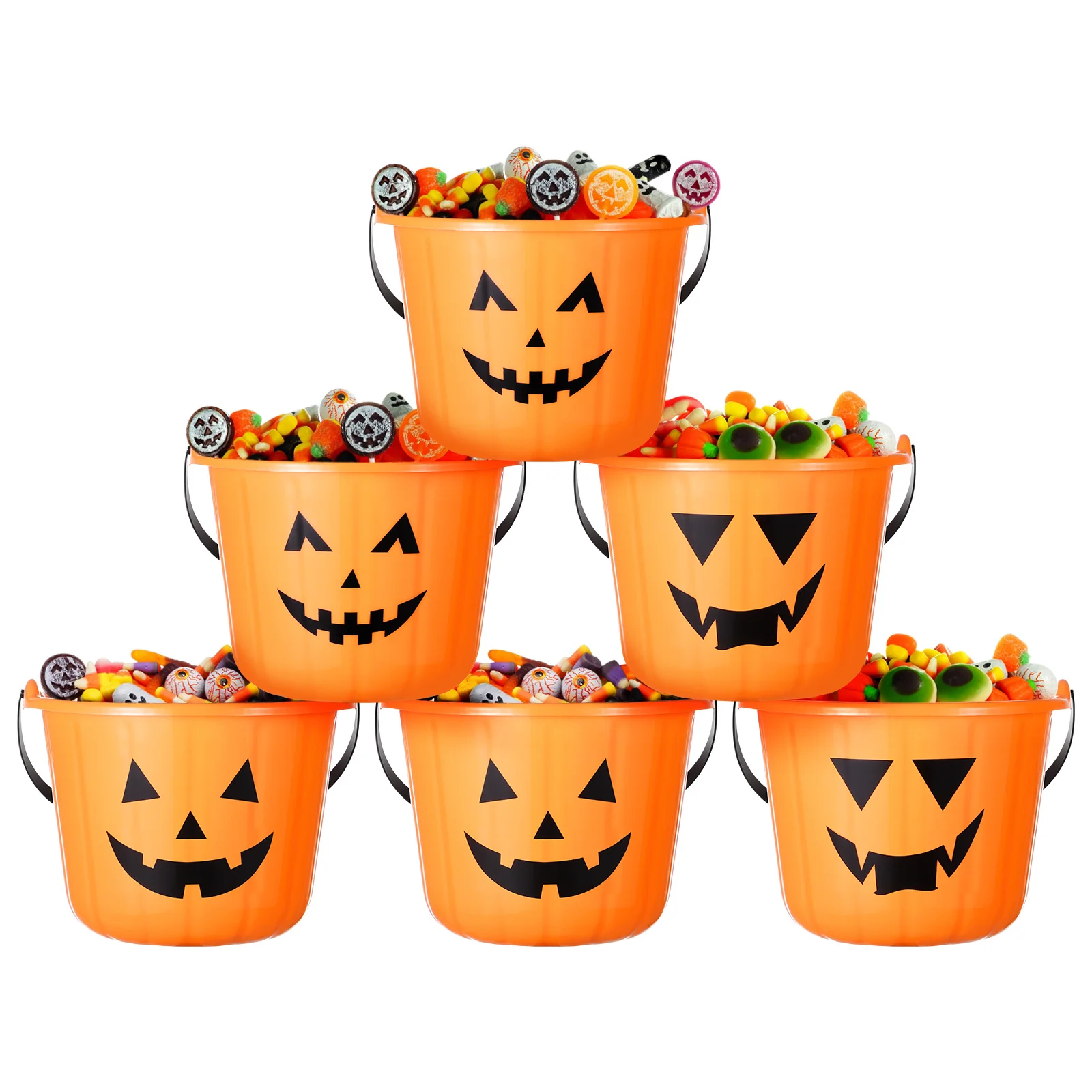 

6pcs Halloween Pumpkin Bucket Orange Trick Or Treat Candy Holder With Handle Party Favor Baskets Reusable Party Supplies
