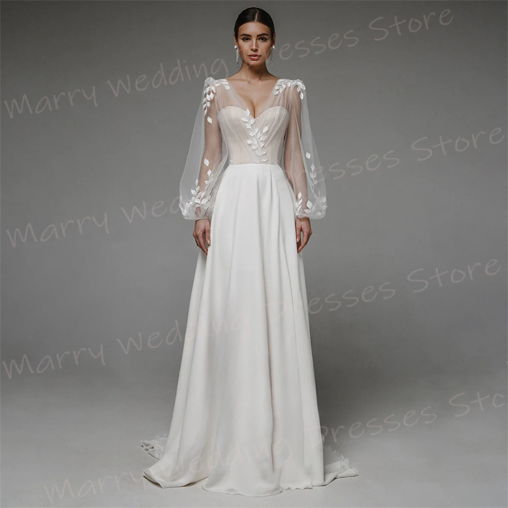 Simple Modern A Line Women's Wedding Dresses New Pretty Appliques Bride Gowns V Neck Long Puff Sleeve Backless Robe De Mariée