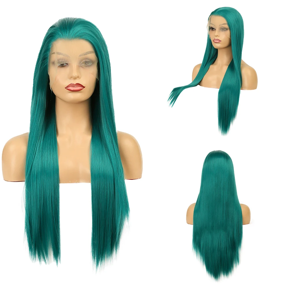 

13x4 Lace Front Wig Teal Green Long Straight Synthetic Hair Pre Plucked Natural Hairline For Cosplay Halloween Costume Party