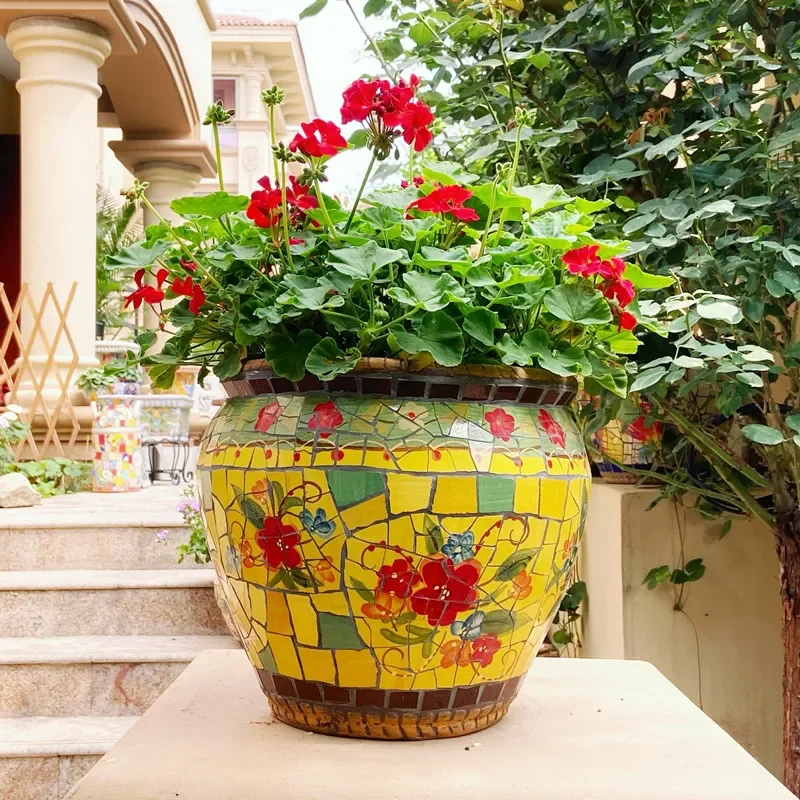 French style old style indoor and outdoor flower pot balcony terrace, living room bedroom flower pot hand-painted ceramic mosaic