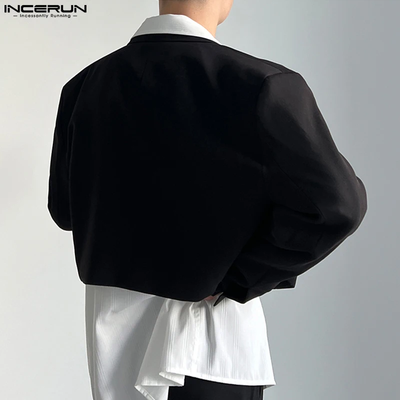 INCERUN Men Blazer Solid Color Lapel Long Sleeve One Button Crop Suits 2024 Streetwear Korean Fashion Casual Thin Coats S-5XL