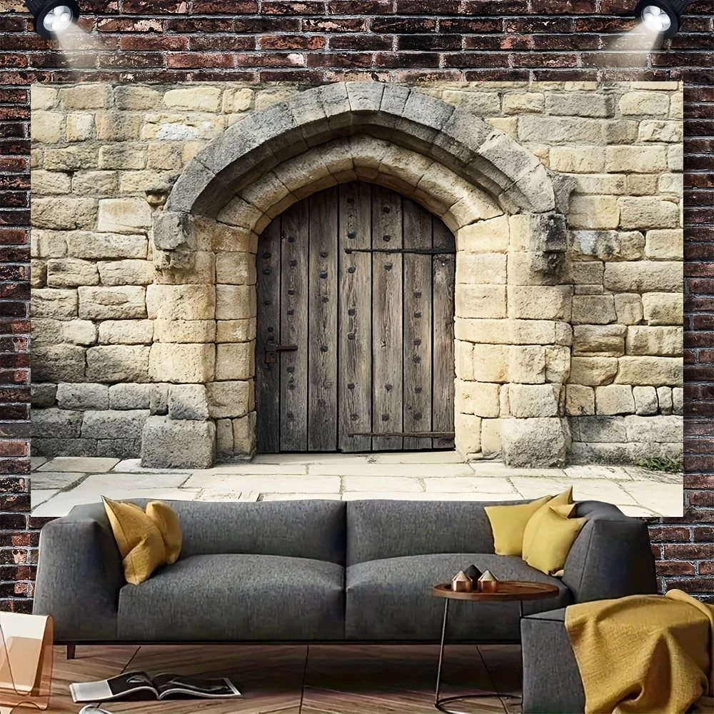 قطعة واحدة من خلفية حائط حجر القدس القديمة - قماش معلق عالي الجودة بتصميم قوس قديم وباب خشبي #2