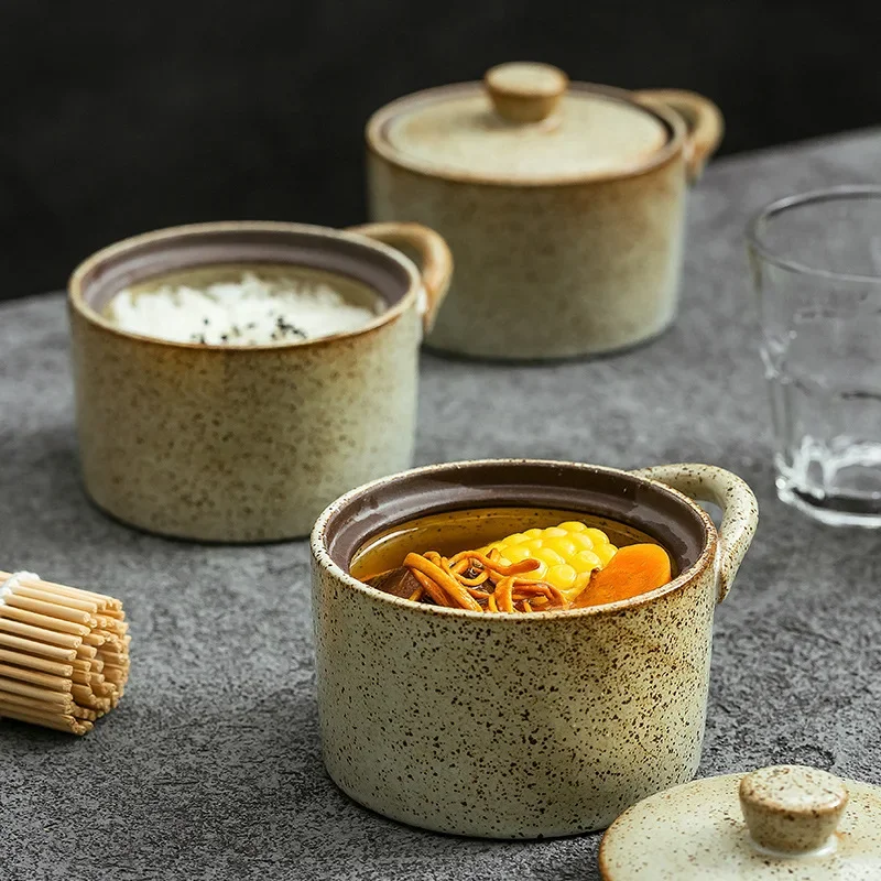 Ceramic Water-proof Stewing Cup Japanese-style Coarse Pottery Stew Pot with Lid Retro Steamed Egg Soup Cup Restaurant Kitchen