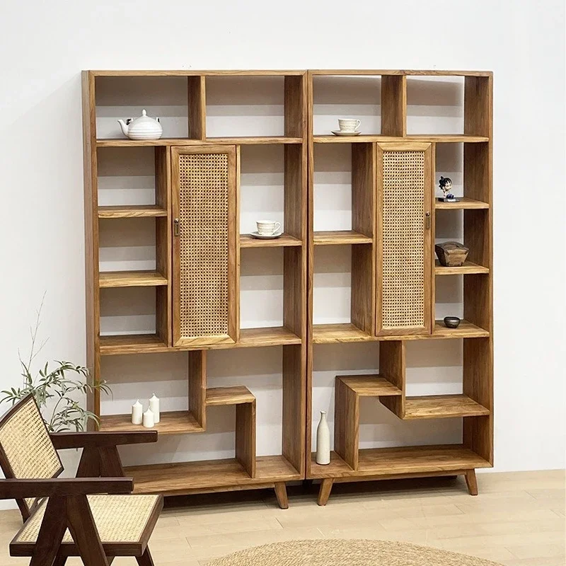 Wabi-sabi style solid wood Bogu frame living room modern simple bookcase home rattan display cabinet floor-to-ceiling homestay