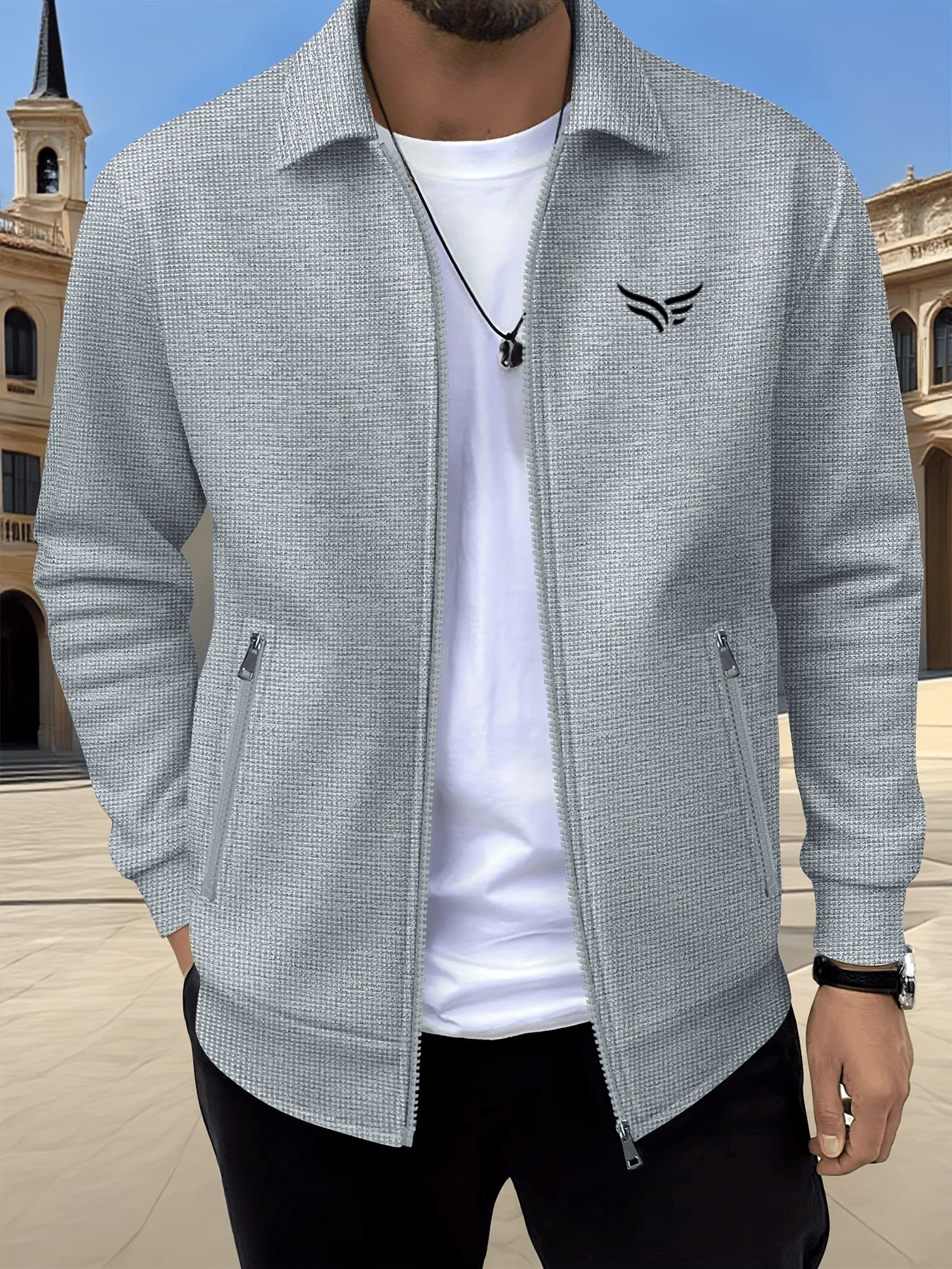 Men's casual lapel zip-up cardigan coat, stylish breathable waffle printed jacket, versatile top for outdoor sports