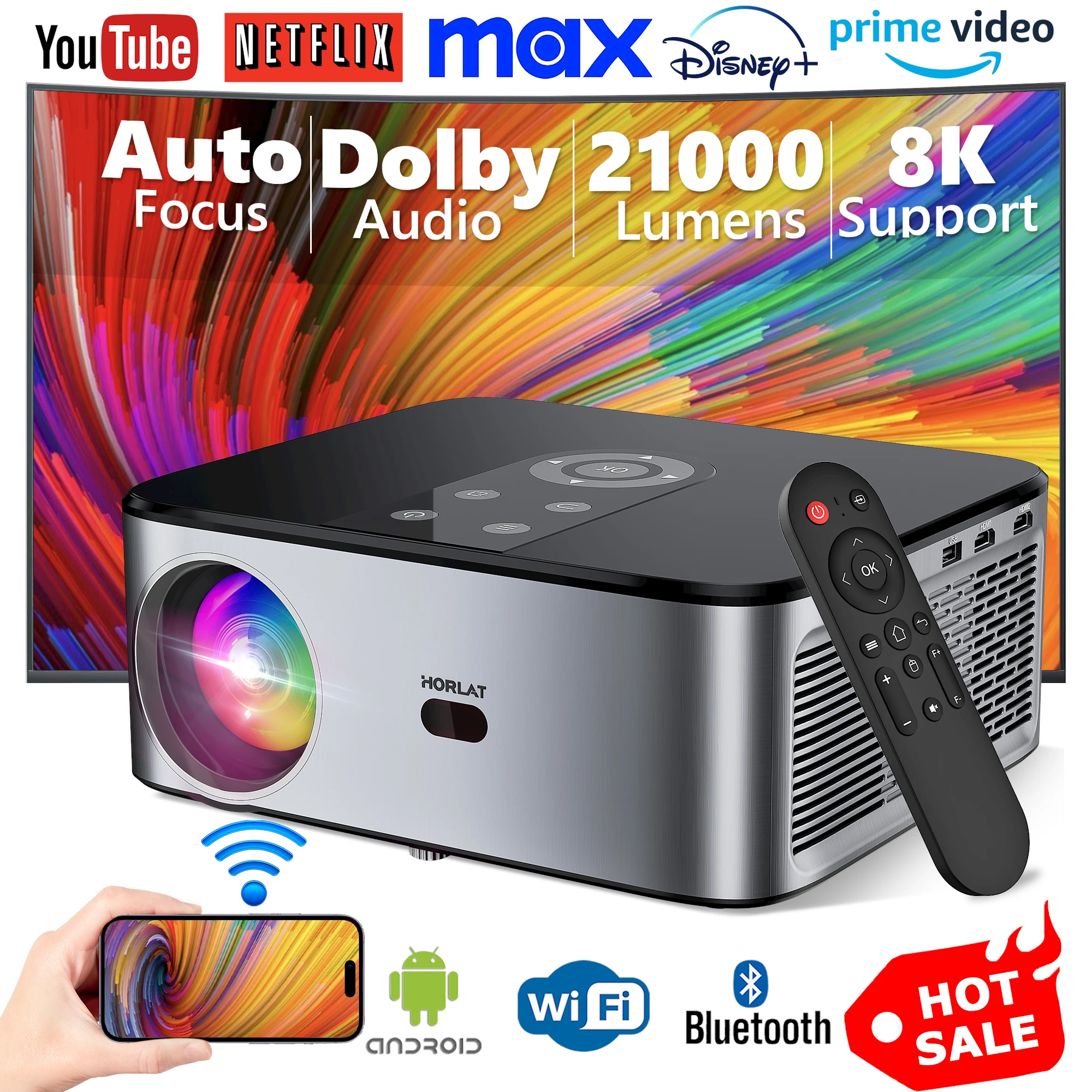 

HORLAT T03 New 800 Ansi Android Beamer 4K Projector Full HD 1080P 8K Video Dolby Audio Home Theater Auto Focus Keystone 5G WiFi