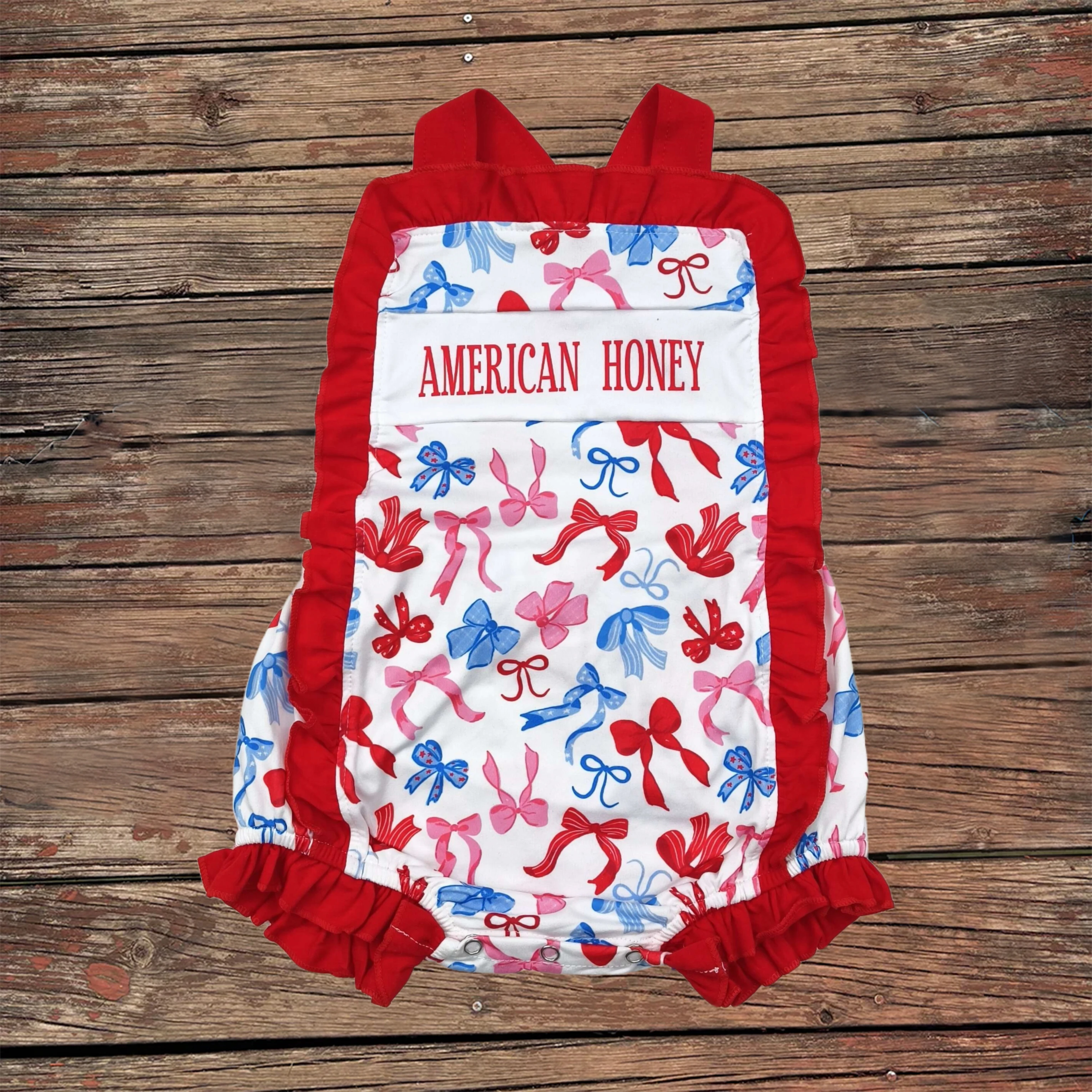 

Wholesale Baby Girl Strap Blue Bows July 4th Clothes Coverall Newborn Infant Toddler Ruffle Kids Children Bubble Romper