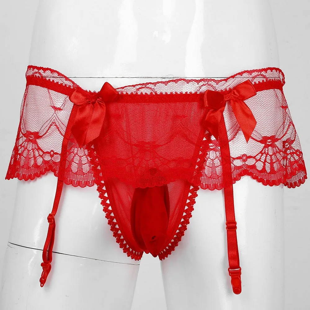 Pink/Black/White/Red Mens Sexy Sissy Lingerie Panties Underwear See Through Lace Breathable Briefs With Garter Sexy