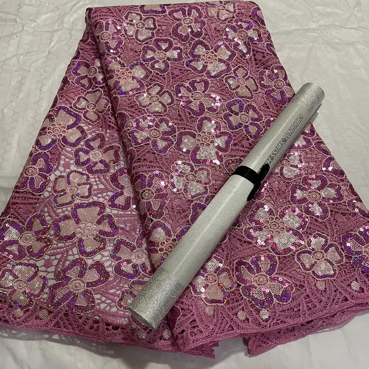 Nigerian Sequins Lace Fabric, African Guipure Cord Lace Material, 5Yards, Matching Sego Headtie, Embroidery, Newest, 2Pcs