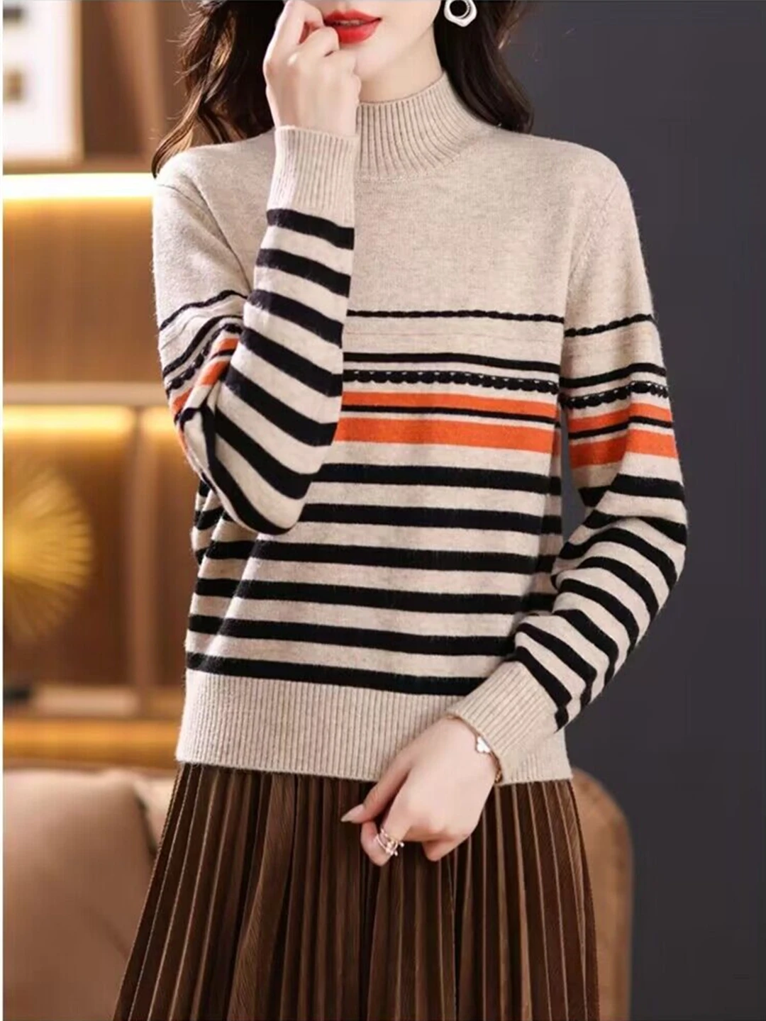 

2023 New Autumn Winter Women Half High Collar Slim Base Pullover Sweater Retro Contrast Color Striped Knitted Sweater 5 Colors