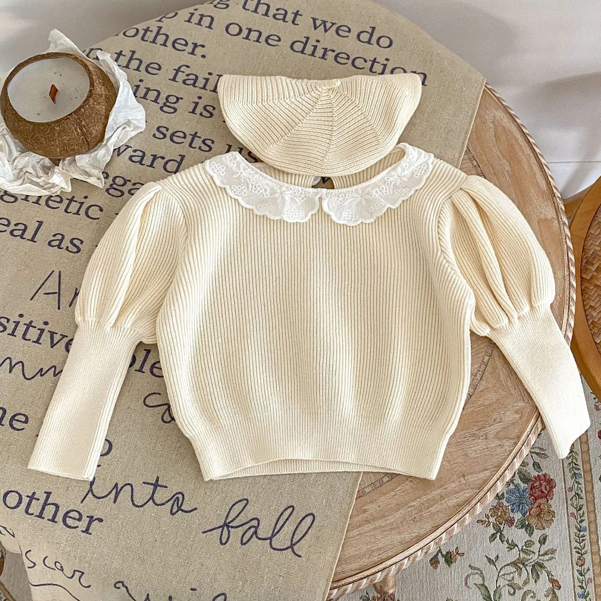 Instagram Spring and Autumn New Women's Fashion Versatile Inner Sweater for Infants and Girls Lace Collar Bubble Long sleeved Kn