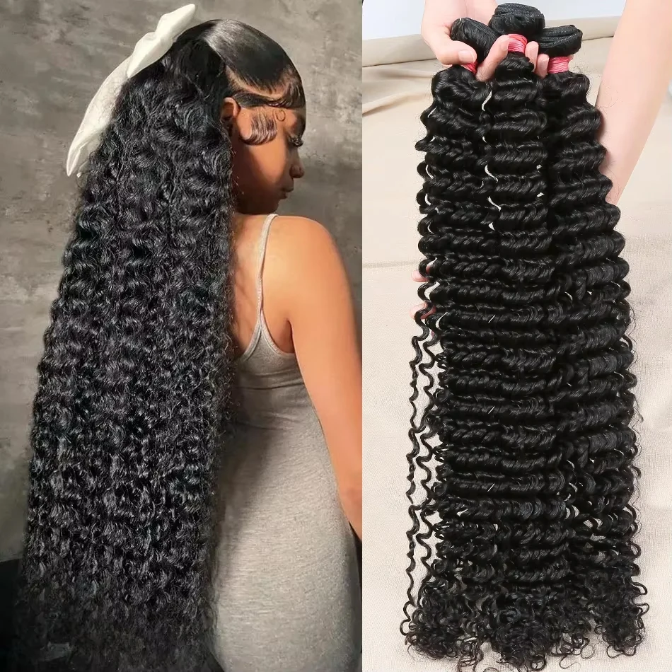 Deep Wave 28 30 34 Inch Indian Remy Raw Virgin Weaving 100% Human Hair Loose Curly Water Wave Extensions 1 3 4 Long Bundles Deal