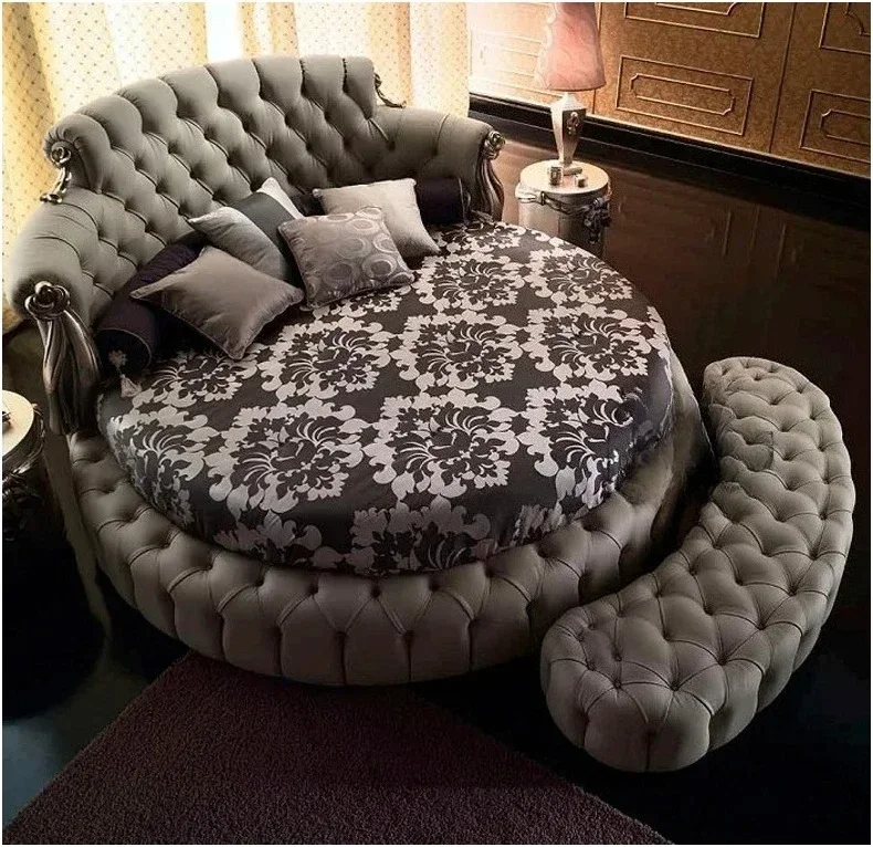 A European-Style Fabric Solid Wood New Classical Carving Fashion Double Bed