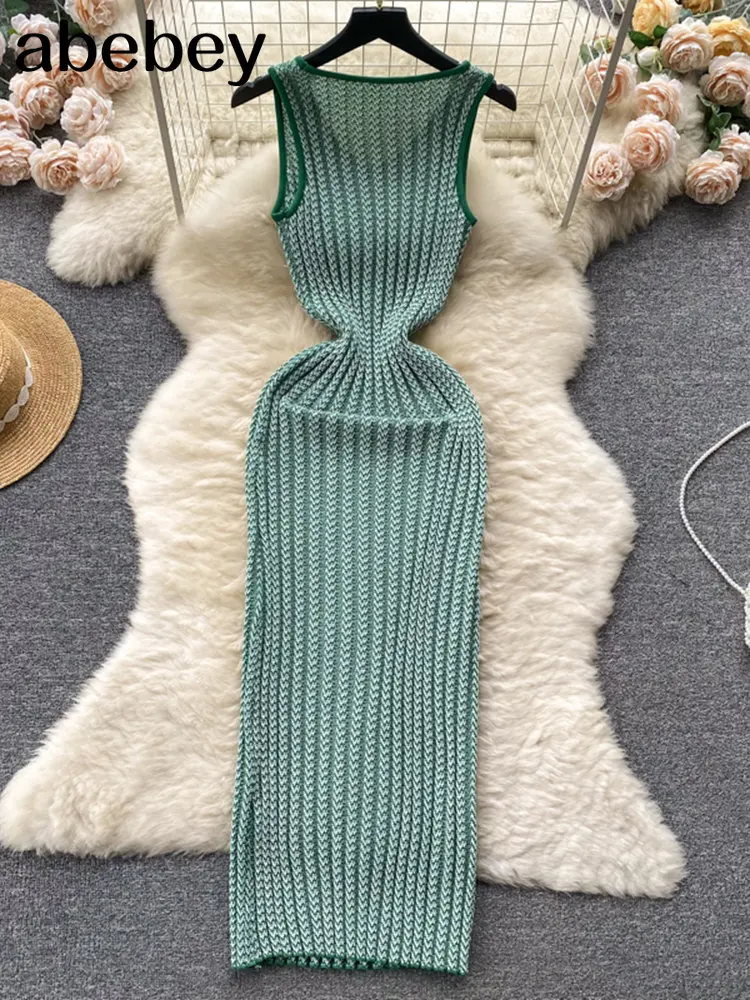 Green Strip Summer Knit Sexy Strap Dress Women Tank Elatic Waist Bodycon Sundress Female Beach Backless Long Dress