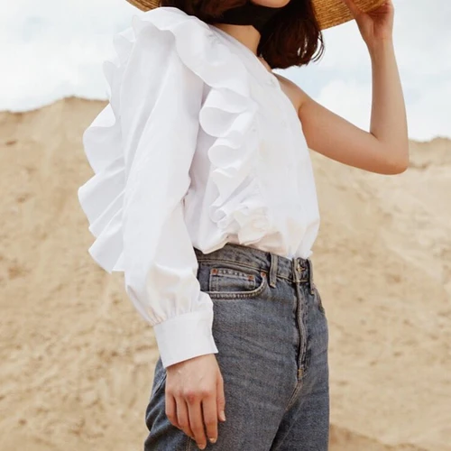 Sloping Solid Color Shoulder Collar Top Ruffled Shoulders Shirt One-sleeve Fashion Y2k Top Single-breasted Clothes for Women