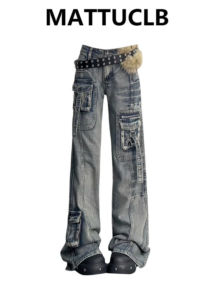 

Женские расклешенные джинсовые брюки-карго с низкой посадкой в стиле гранж, американский ретро-дизайнер, корейские джинсы Gyaru Cyber Punk Trumpet, 2000-е, новинка Y2k