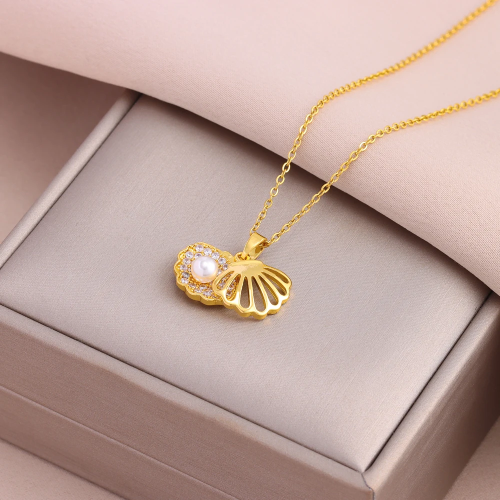 New In Sweet Sexy Zircon Inlaid Imitation Pearl Shell Pendant Necklaces For Women Female Stainless Steel Clavicle Chain Jewelry