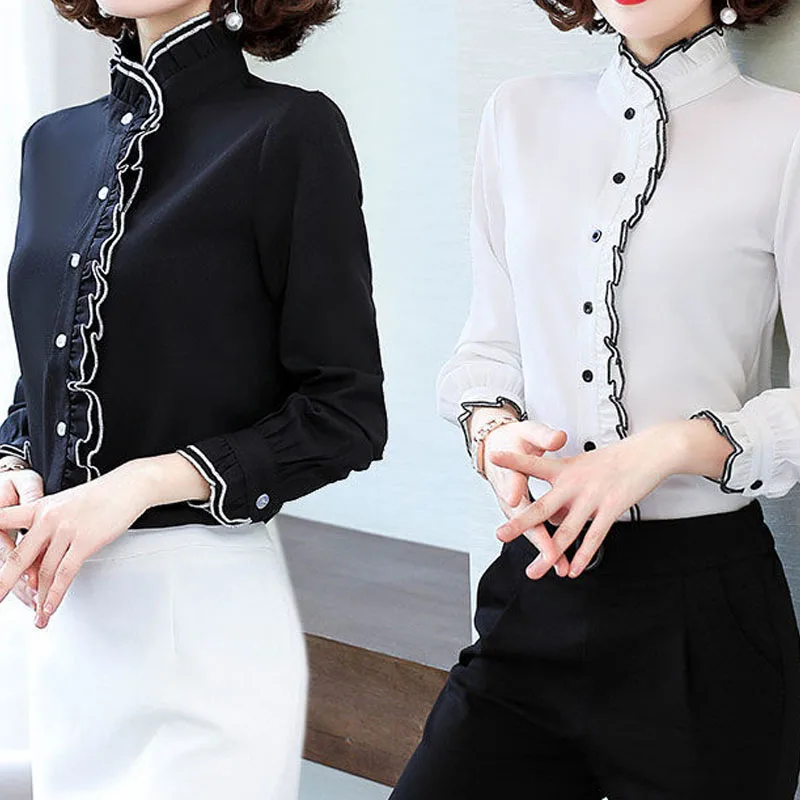 Autumn Winter Ruffles Fashion Spliced Long Sleeve Shirt Women\'s Clothing Elegant Commute Stand Collar Solid Color Button Blouse