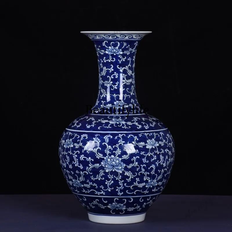 Hand-painted blue and white porcelain antique twisted lotus big flower, floor-to-ceiling porcelain bottle entrance decoration