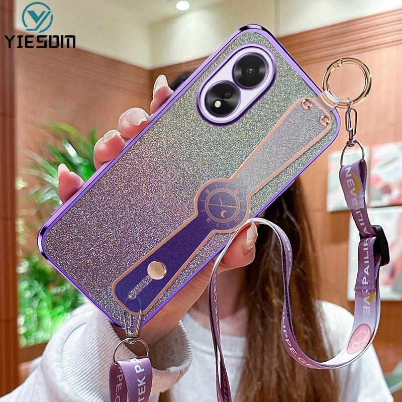 Glitter Wrist Strap Phone Case for OPPO A60 A98 A79 A58 A38 A18 4G A17 Soft Silicone Phone Holder Bracket Cover