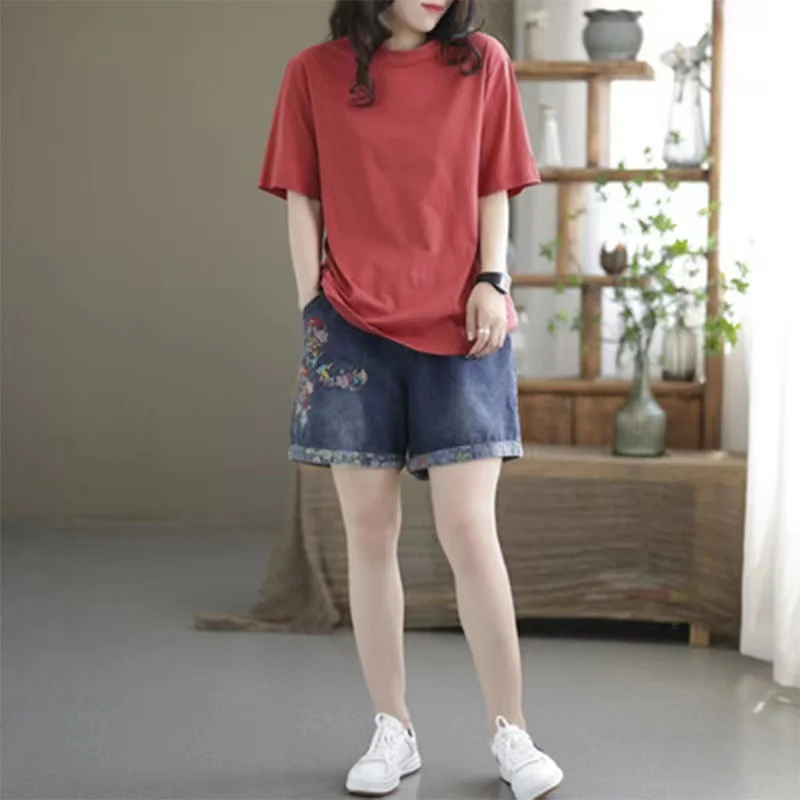 Summer Vintage Embroidery Washed Women Half Jeans Elastic Waist Wide Leg Casual Pockets Versatile Female Thin Denim Short Pants